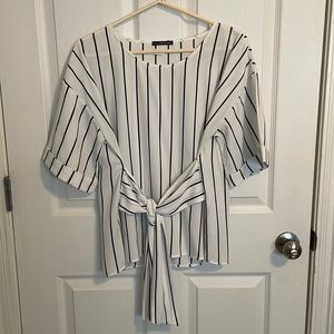 White and Black Striped Tie Front Cuffed Sleeve Blouse